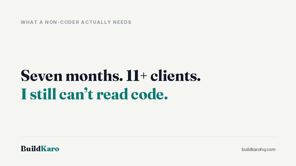 BuildKaro article cover reading: seven months, 11+ clients, and I still can't read code